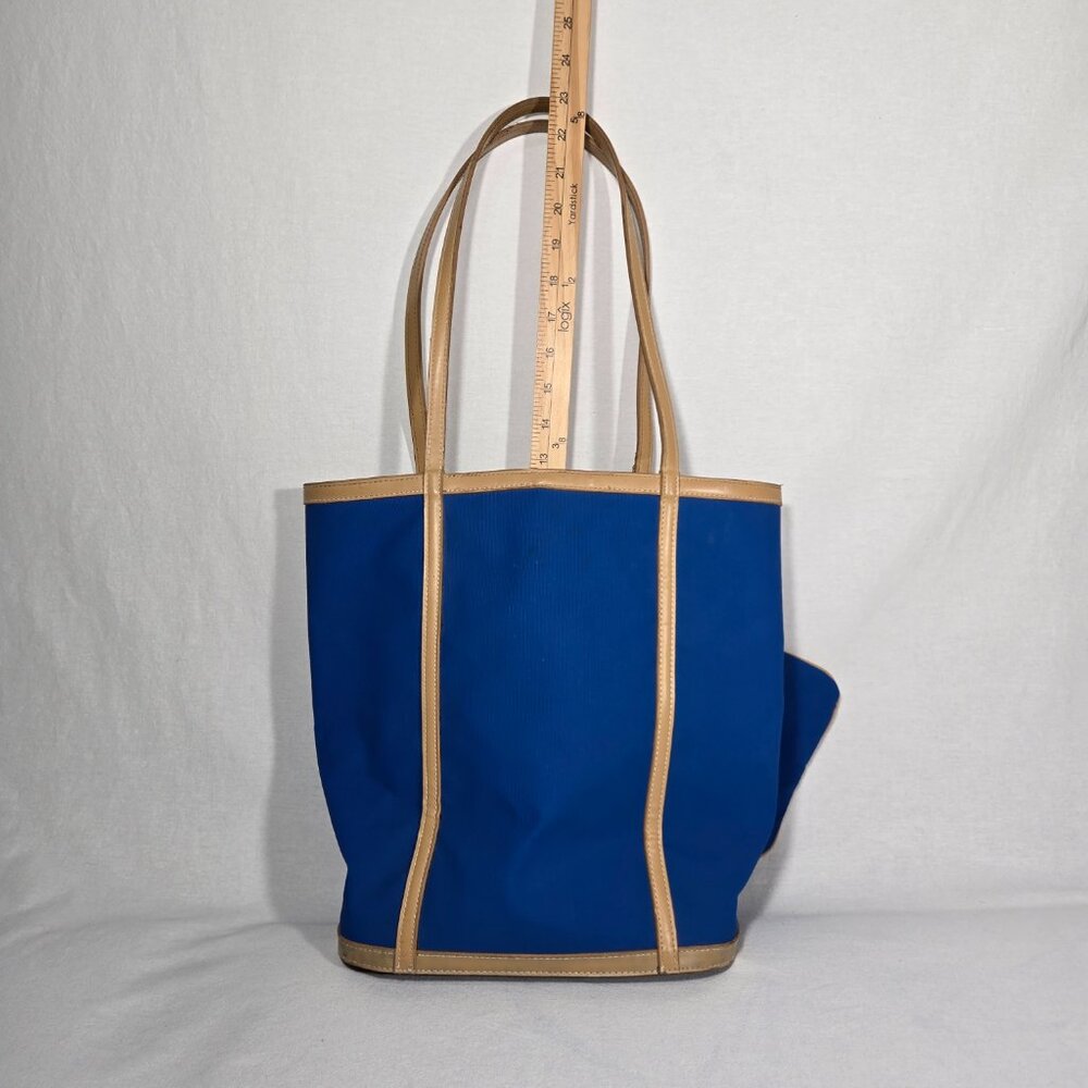 VINTAGE 90s Y2K Whitney Blue Canvas & Tan Trim Open Top Structure Roomy Tote Bag - Picture 14 of 17